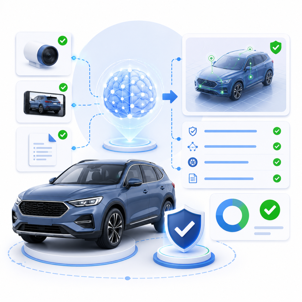 Illustration showing AI-assisted review of vehicle imagery with verification signals, checklist, shield, and analytics indicators.
