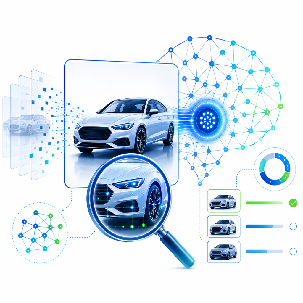 Illustration showing AI analysis of vehicle imagery with a magnifying glass, neural network, and vehicle image layers.