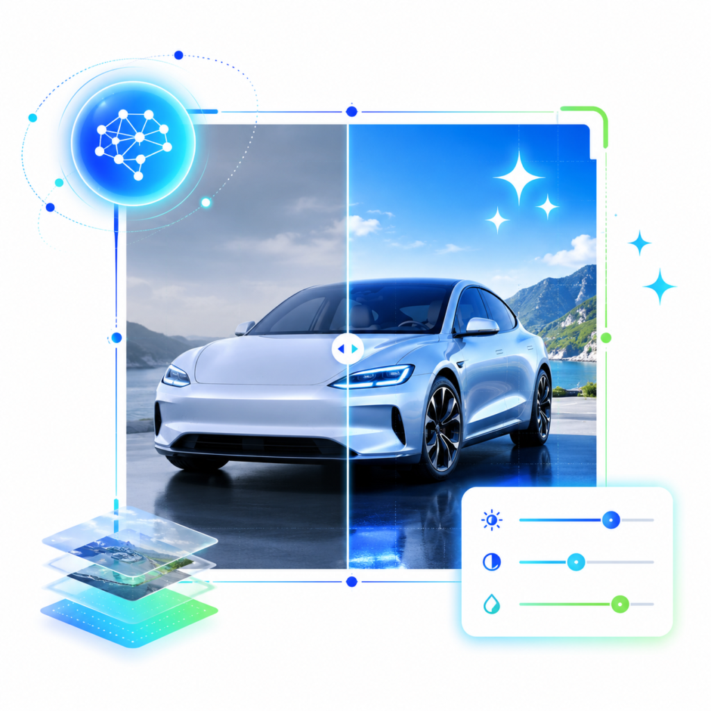 Illustration showing a vehicle image being digitally edited with visual controls, representing AI-generated or modified vehicle imagery.