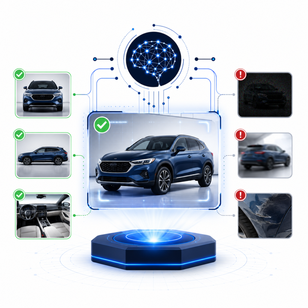 Illustration showing AI analysis of verified and flagged vehicle images to distinguish trusted visual inputs from uncertain ones.