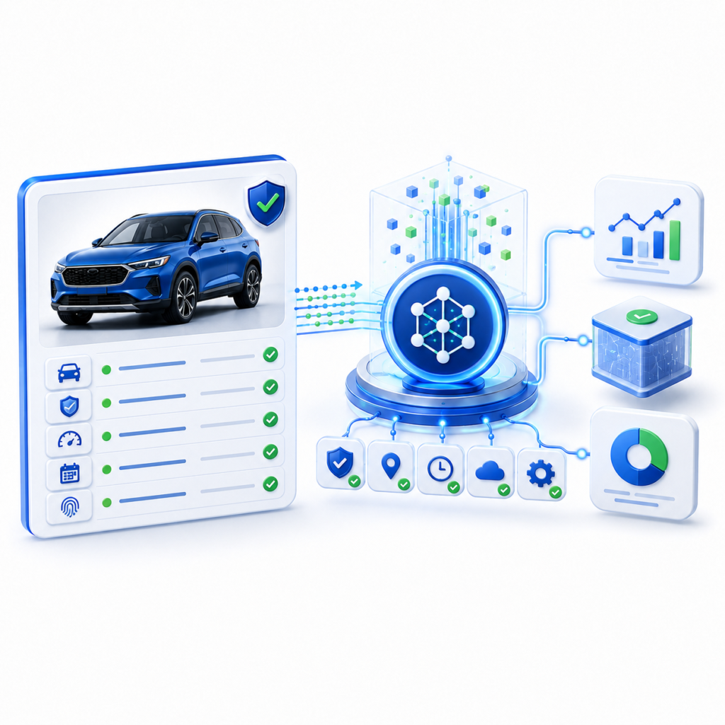 Illustration showing verified vehicle records connected to AI model inputs, analytics, and structured trust signals.