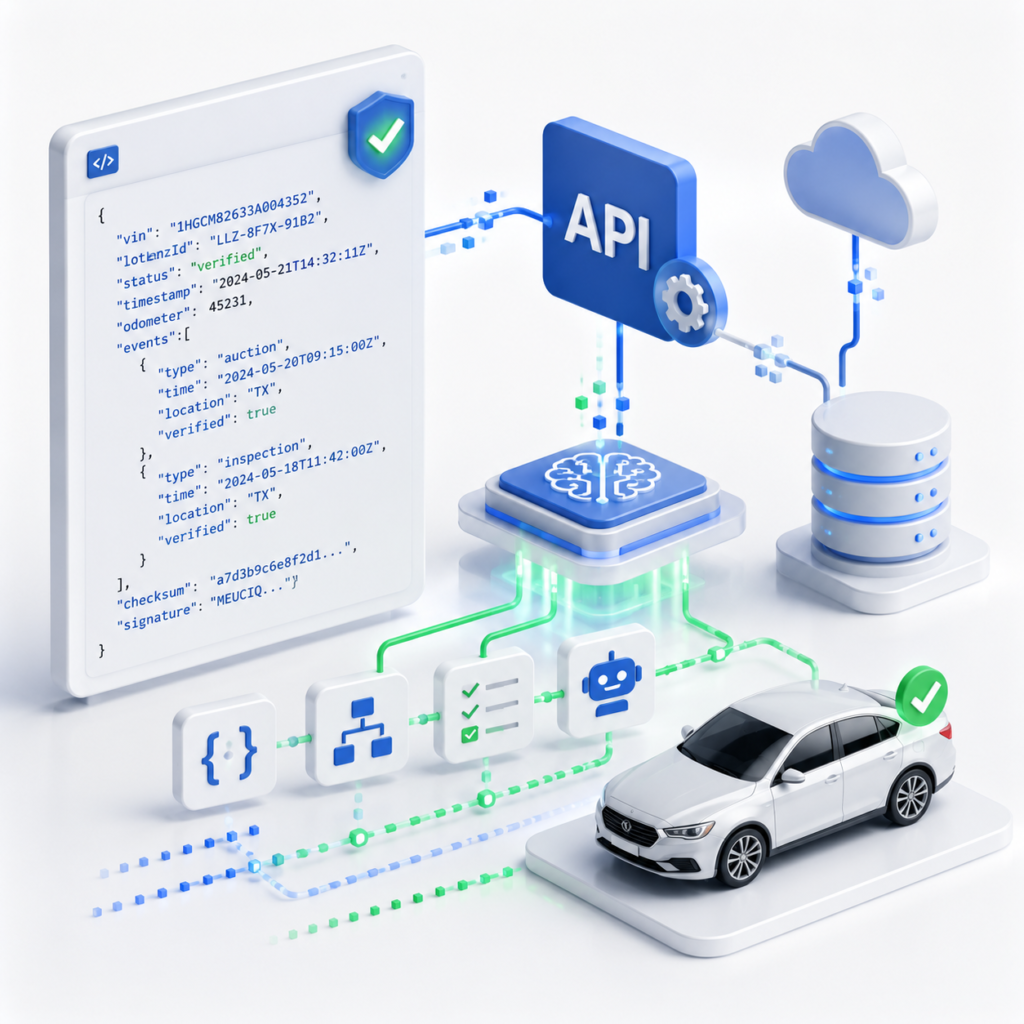 Illustration showing API, AI, code, cloud, database, and vehicle verification systems connected through machine-readable trust data.
