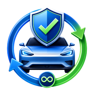 Illustration showing a vehicle with a shield and circular arrows, representing a durable verification status that travels with the record.