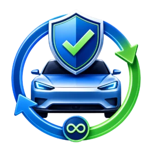 Illustration showing a vehicle with a shield and circular arrows, representing a durable verification status that travels with the record.