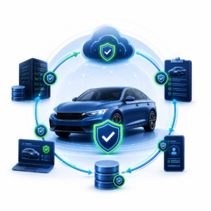 Illustration showing a vehicle surrounded by verification shields, connected records, and authenticity signals for insurance workflows.