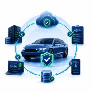 Illustration showing a vehicle surrounded by verification shields, connected records, and authenticity signals for insurance workflows.