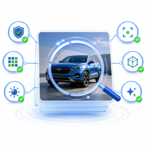 Illustration showing vehicle imagery inspected with a magnifying glass and structured authenticity indicators for image trust and consistency.