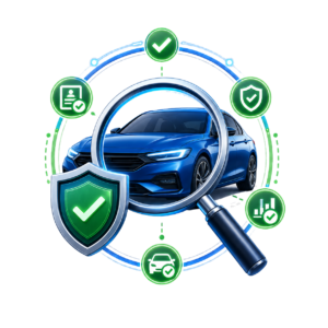 Illustration showing a vehicle inspected with a magnifying glass, shield, and verification signals for insurance authenticity review.