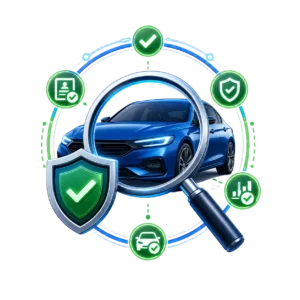 Illustration showing a vehicle inspected with a magnifying glass, shield, and verification signals for insurance authenticity review.