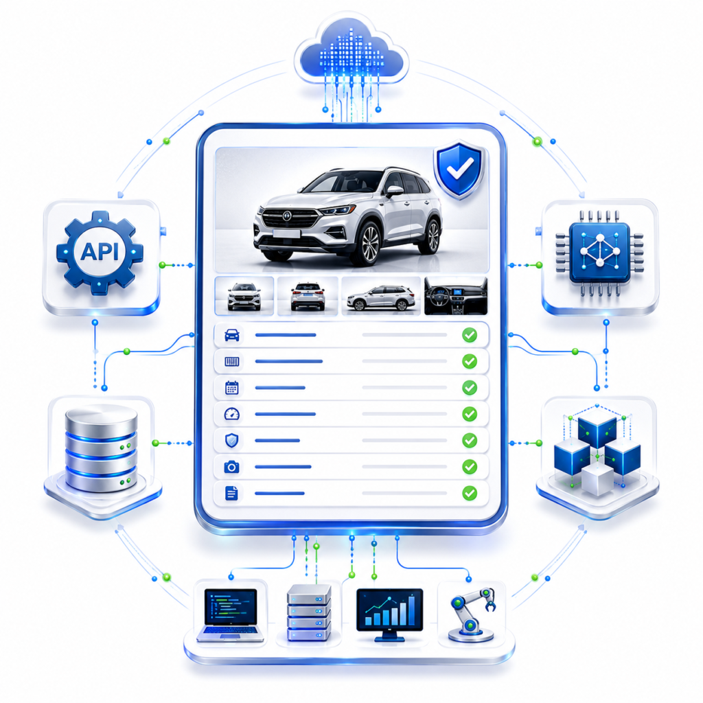 Illustration showing a vehicle verification record connected to API, cloud, database, analytics, and automation systems.