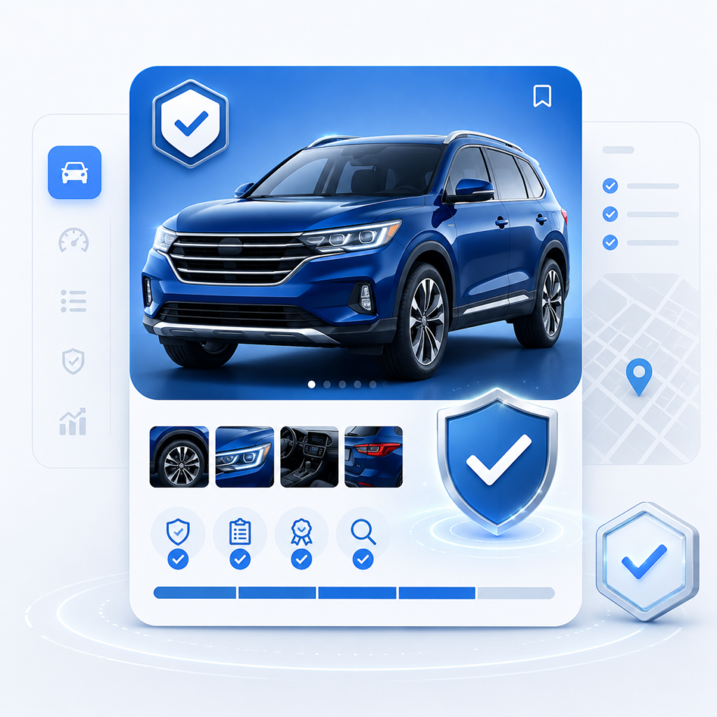 Illustration showing a verified vehicle listing with trust shields, checkmarks, and shopper confidence signals.