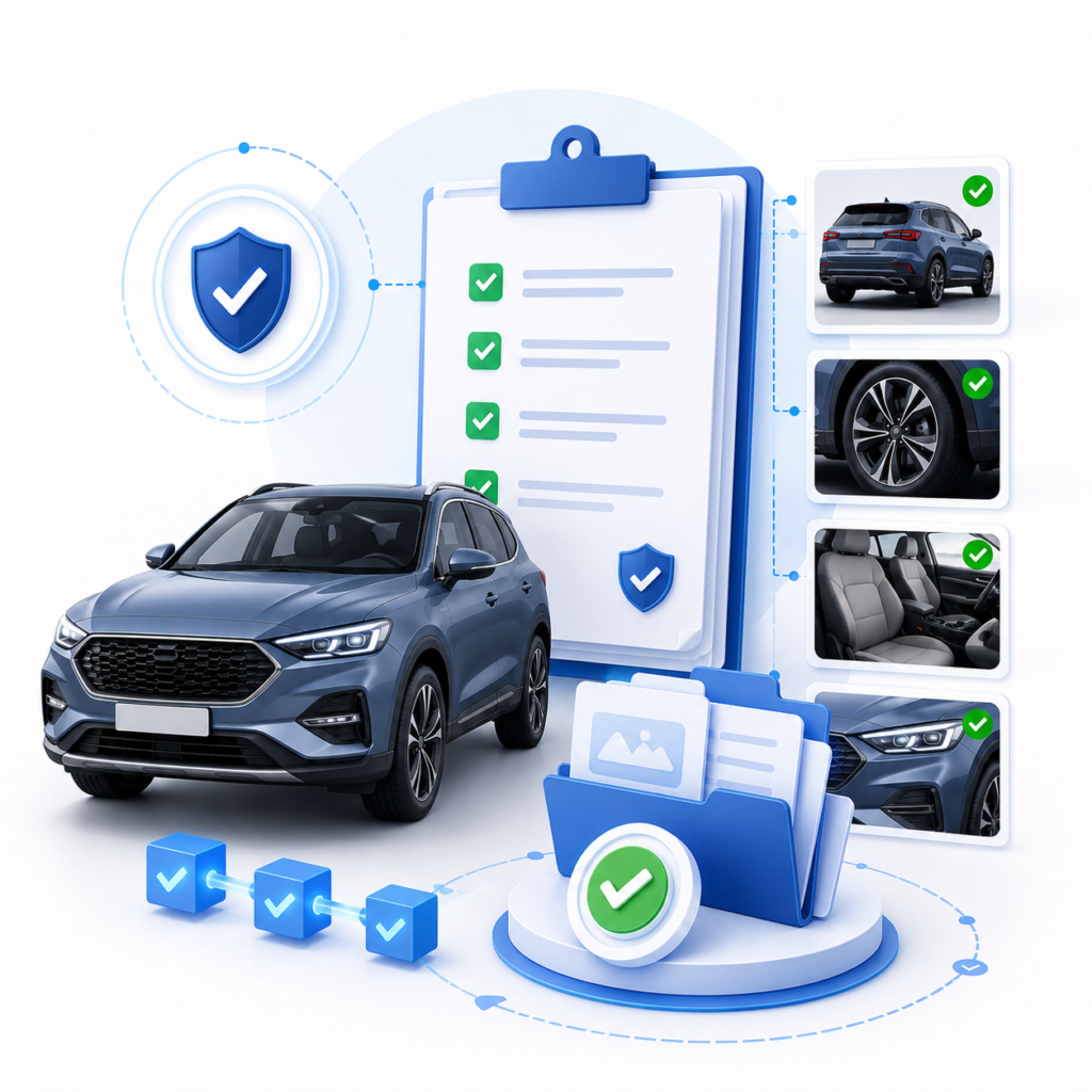 Illustration showing a vehicle, claim documents, checklist, and verified image records for insurance claims documentation.