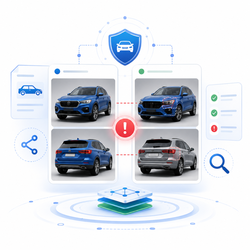 Illustration showing vehicle images, review indicators, warning signal, and search icon for insurance claims image review.