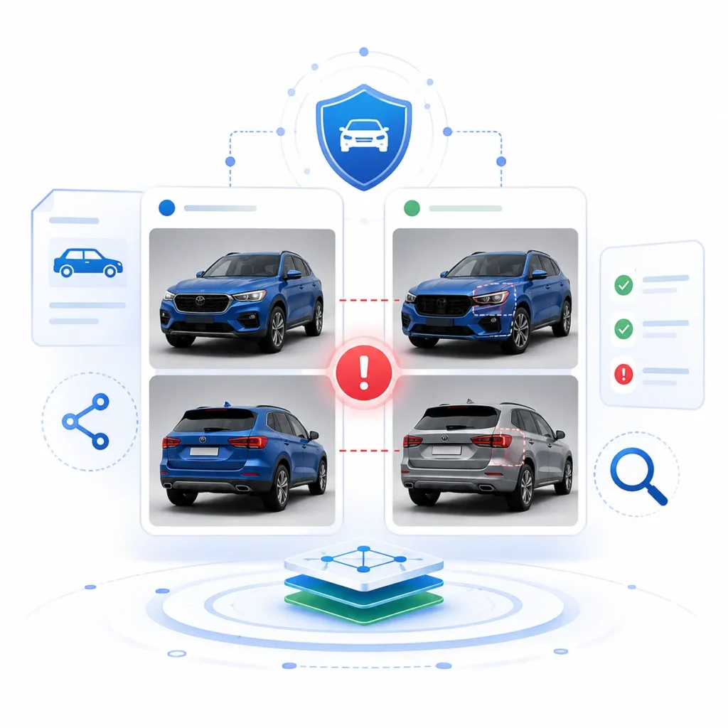 Illustration showing vehicle images, review indicators, warning signal, and search icon for insurance claims image review.