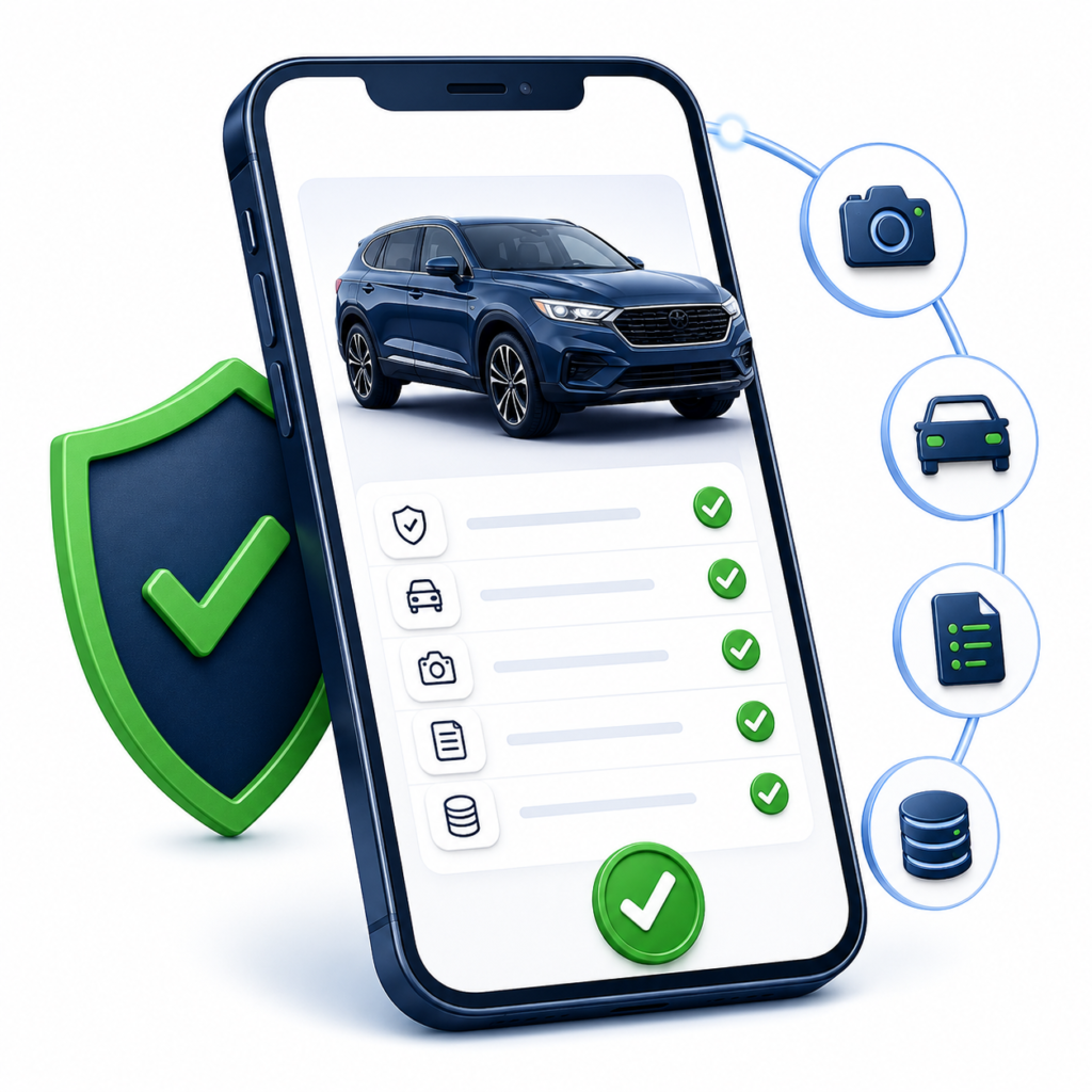 Illustration showing a mobile vehicle verification report with a shield, checkmarks, camera icon, vehicle icon, document icon, and database icon.