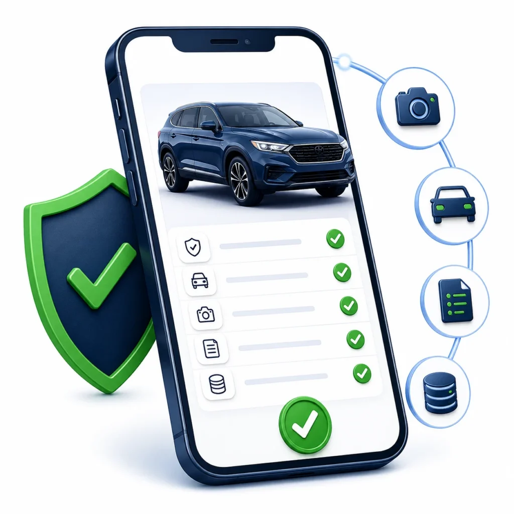 Illustration showing a mobile vehicle verification report with a shield, checkmarks, camera icon, vehicle icon, document icon, and database icon.