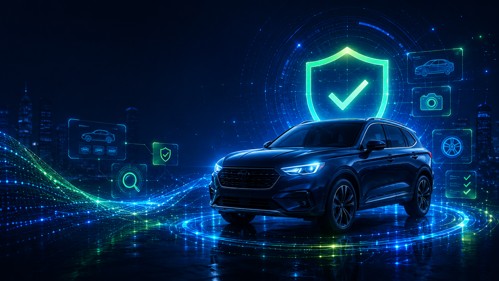 LotLenz contact page hero showing a verified vehicle, trust shield, digital network, and city background for pilot, partnership, API, and technical integration inquiries.