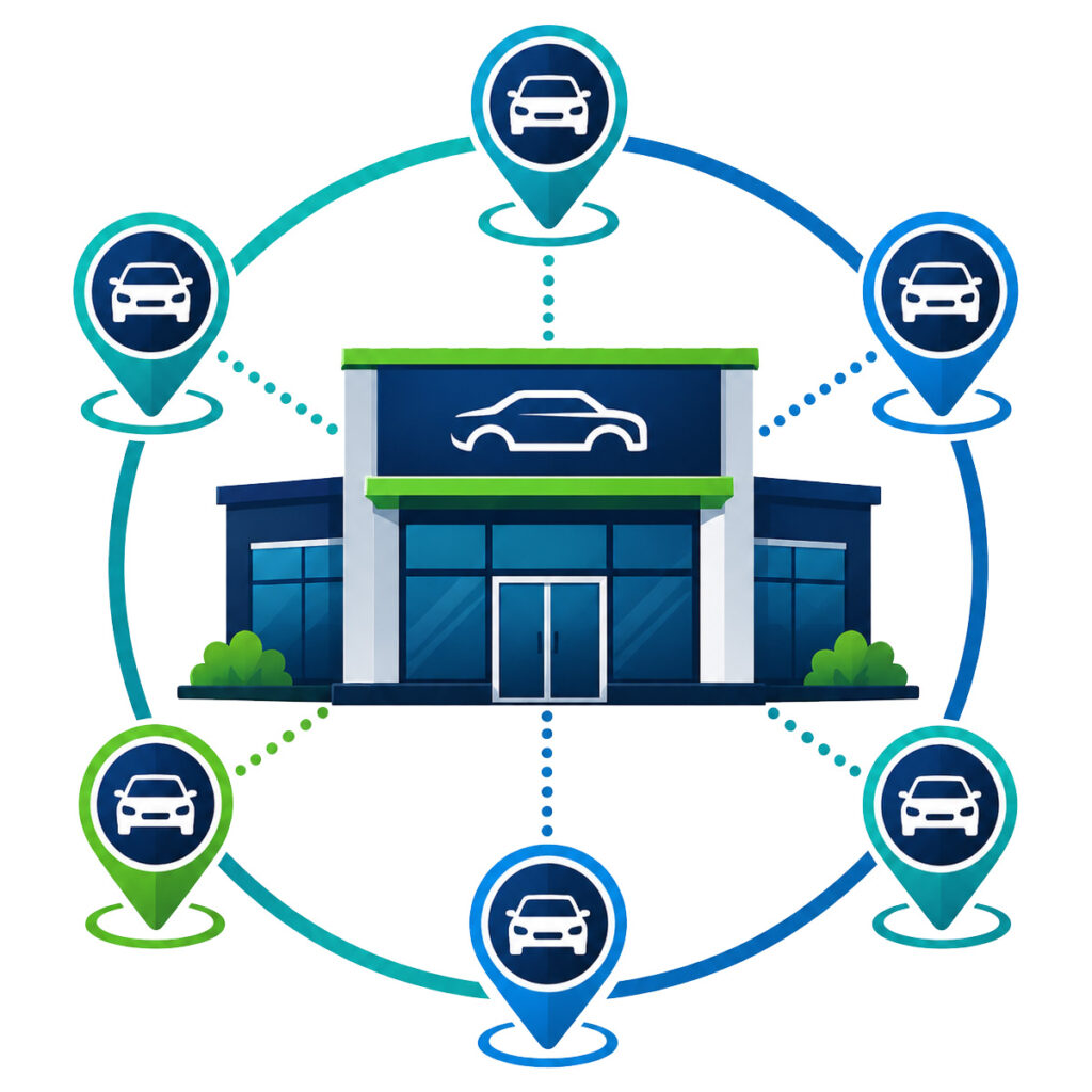 Graphic showing a dealership connected to multiple vehicle location markers, representing a nationwide automotive network.