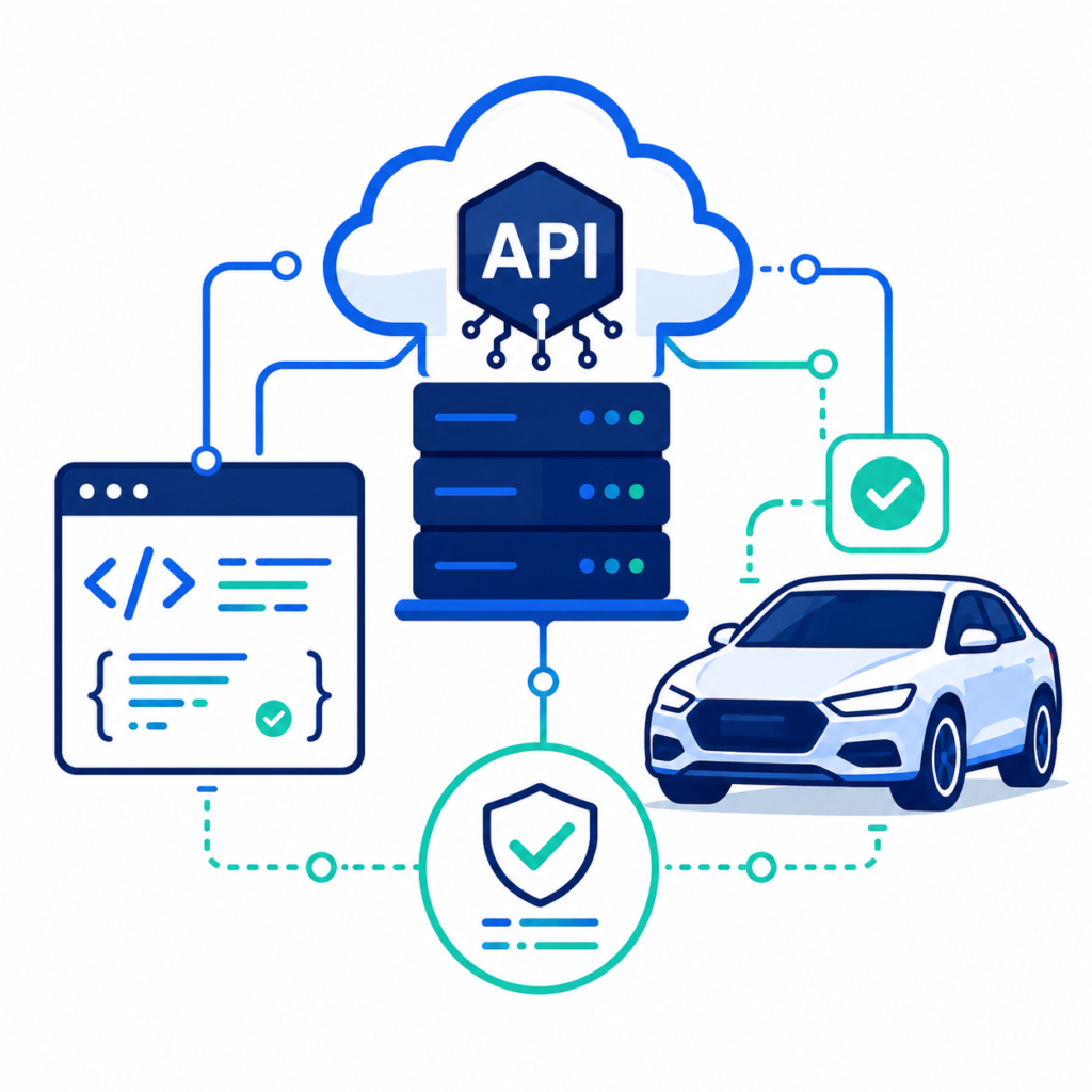 Illustration showing an API cloud, server, code panel, vehicle, and verification shield representing machine-readable vehicle verification records.