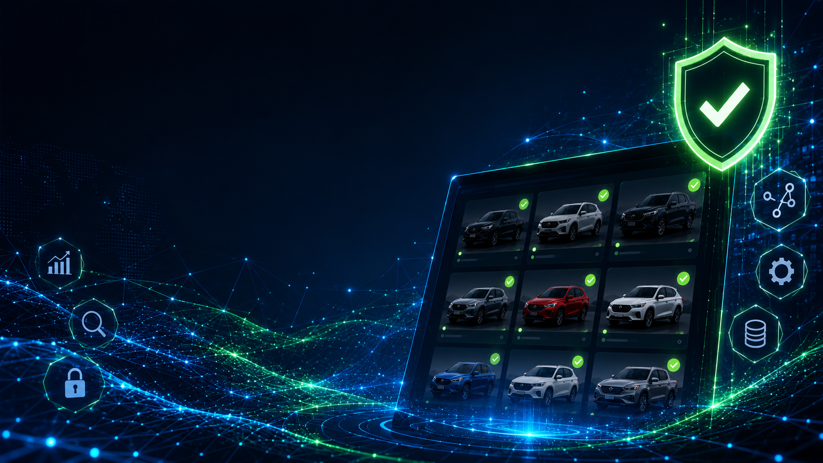 LotLenz marketplace verification hero showing verified vehicle listings, a green trust shield, analytics, search, security icons, and connected digital marketplace data.