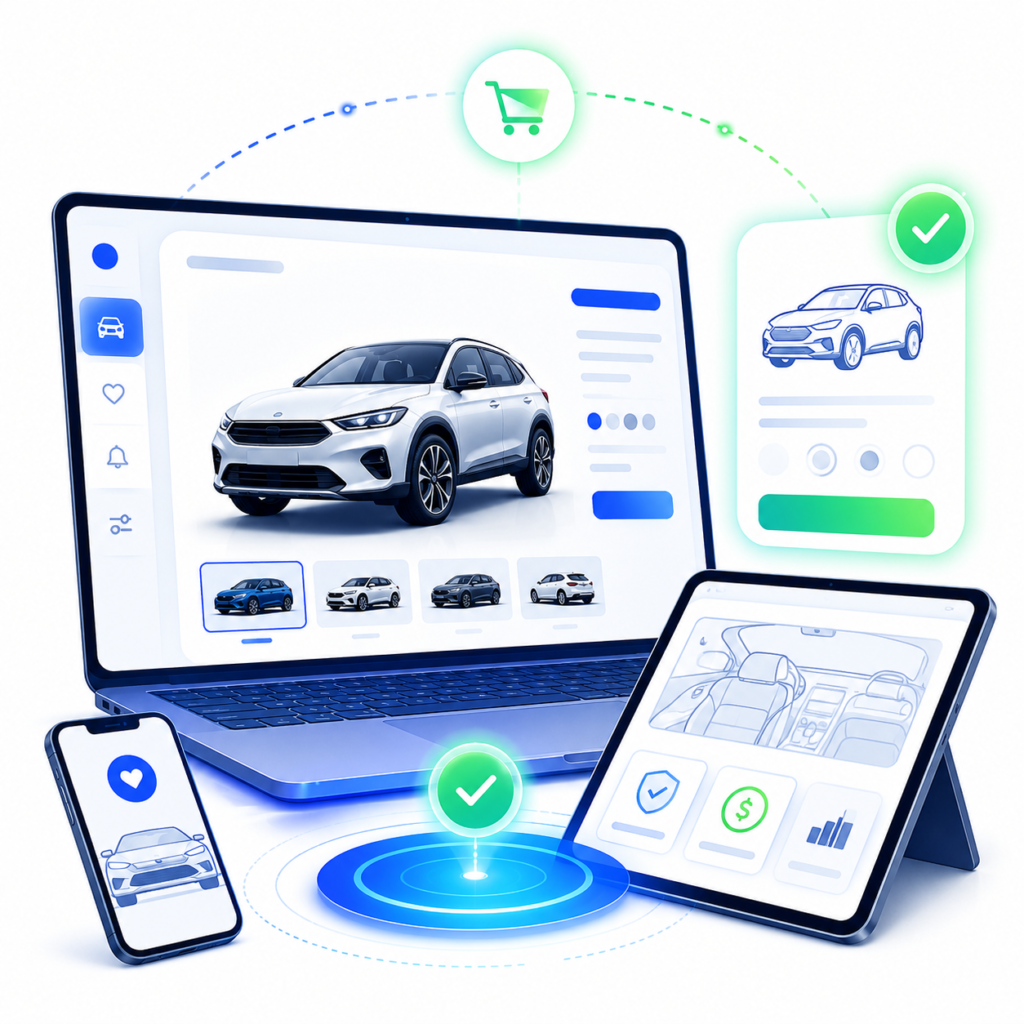 Illustration showing a vehicle listing across laptop, tablet, and mobile devices, representing digital automotive retail and online inventory evaluation.