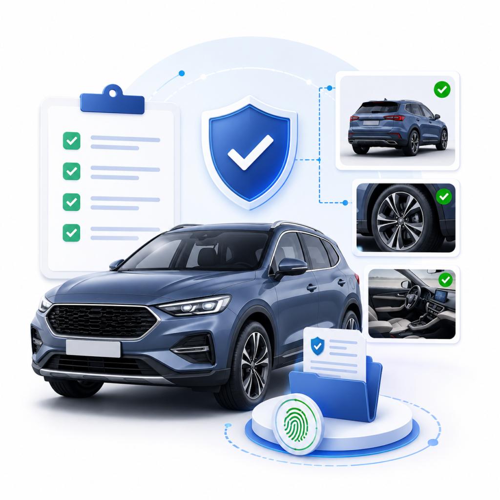 Illustration showing a verified vehicle with checklist, shield, and supporting image records for digital insurance underwriting.