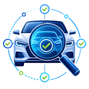 Illustration showing a vehicle inspected with a magnifying glass and verification checkmarks, representing independent authenticity checks.