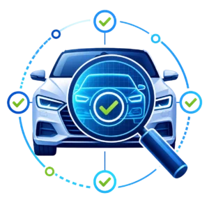 Illustration showing a vehicle inspected with a magnifying glass and verification checkmarks, representing independent authenticity checks.
