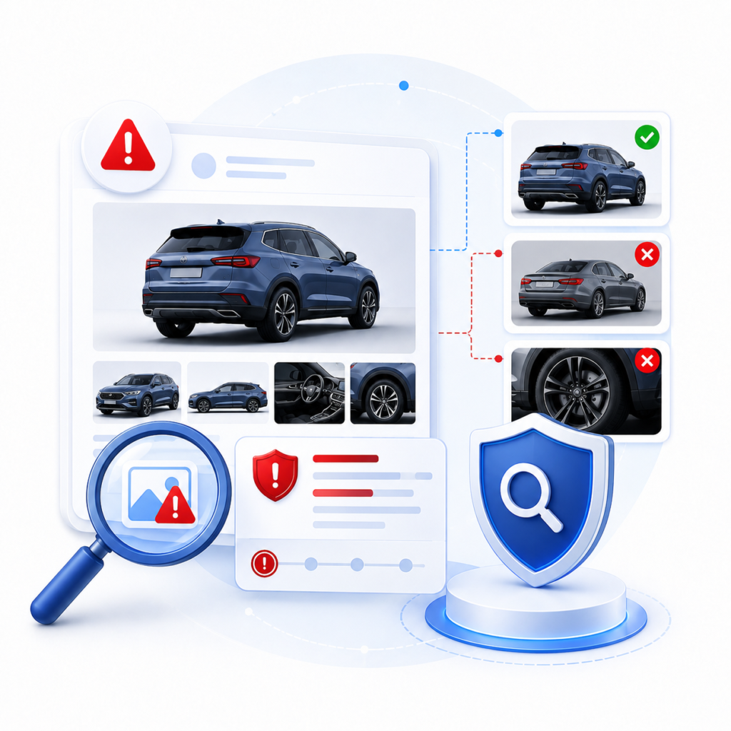 Illustration showing vehicle imagery with warning indicators, magnifying glass, shield, and flagged records for insurance fraud detection.