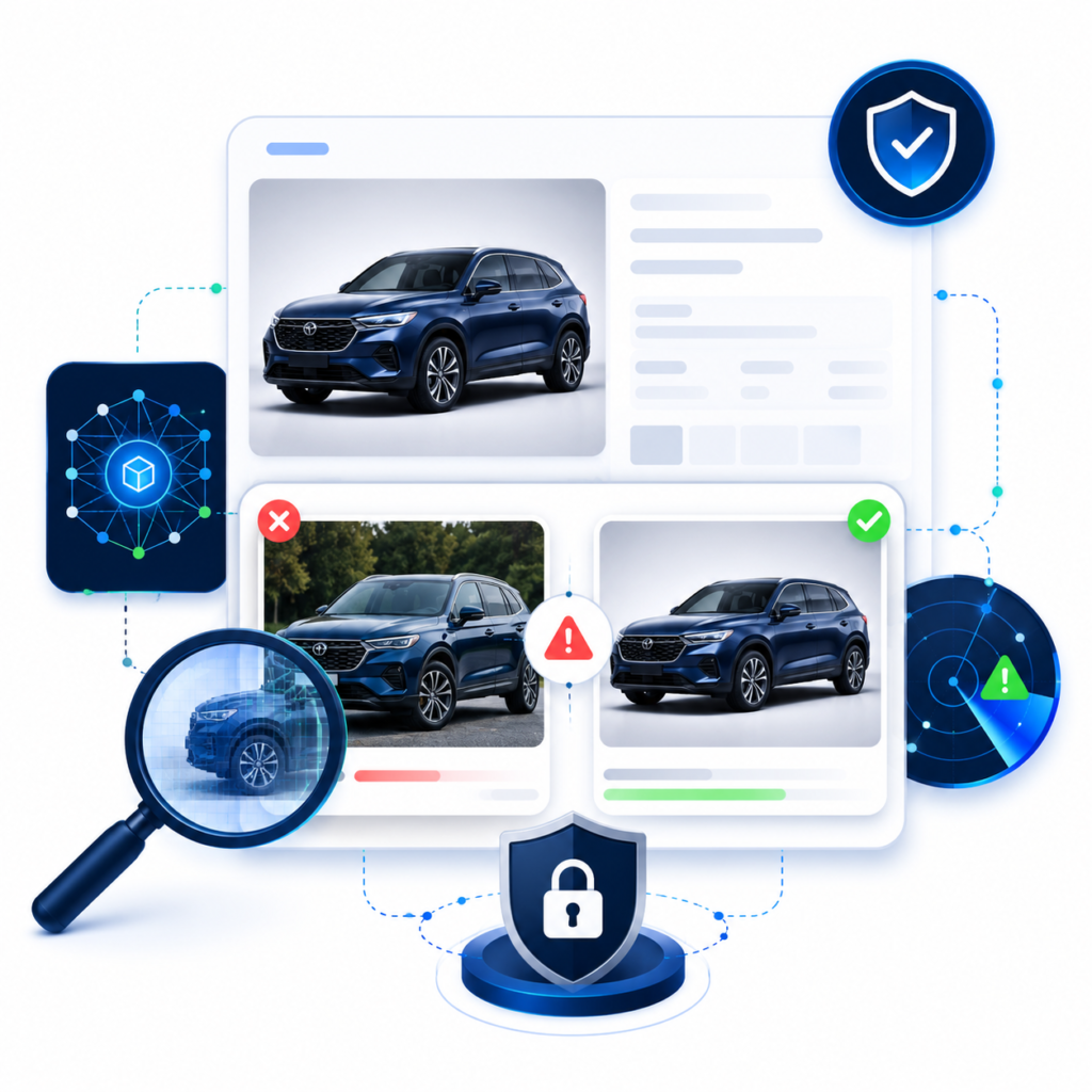 Illustration showing vehicle listings with warning indicators, magnifying glass review, security lock, and verification signals for fraud detection.