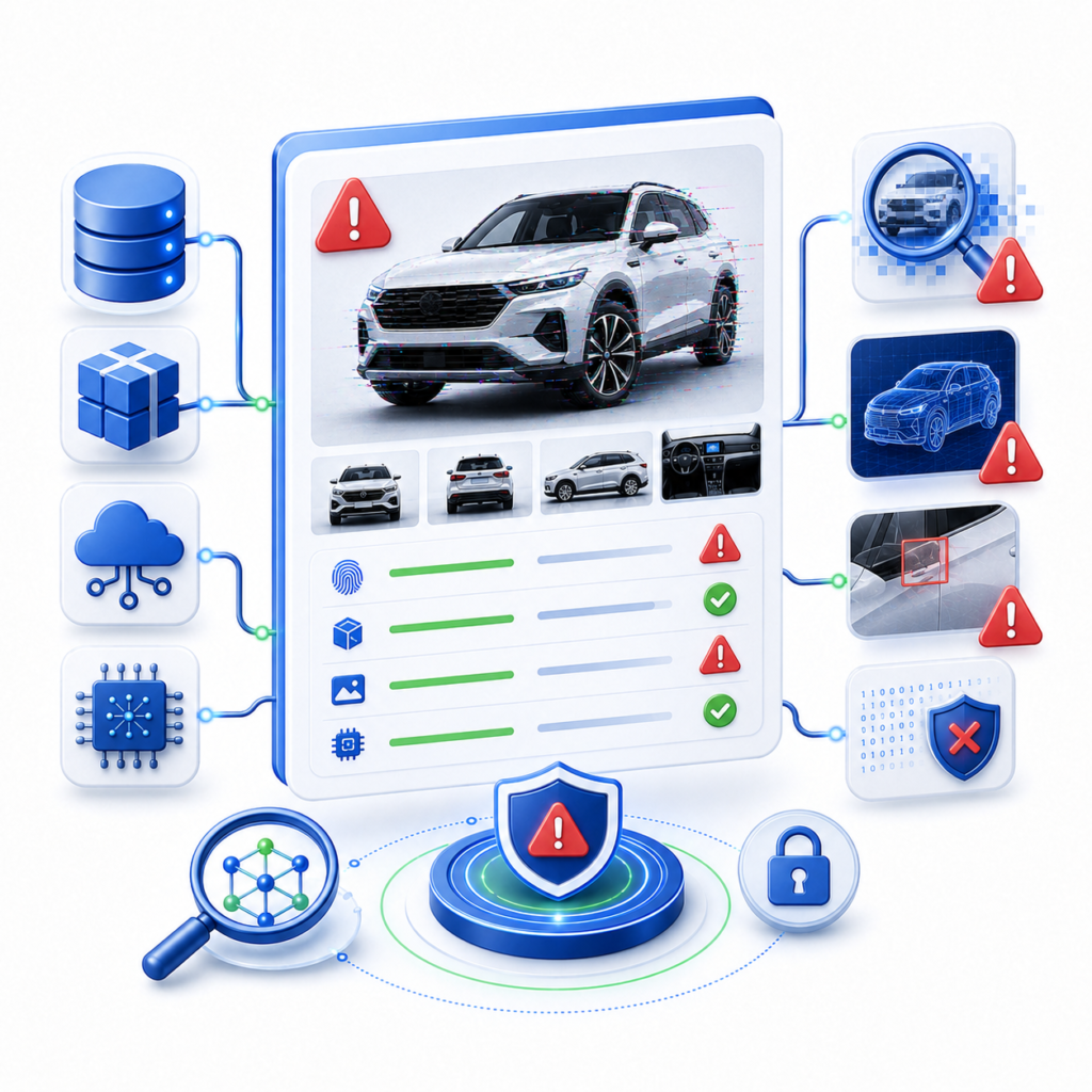 Illustration showing a vehicle record with warning indicators, databases, security lock, and detection tools for suspicious image workflows.