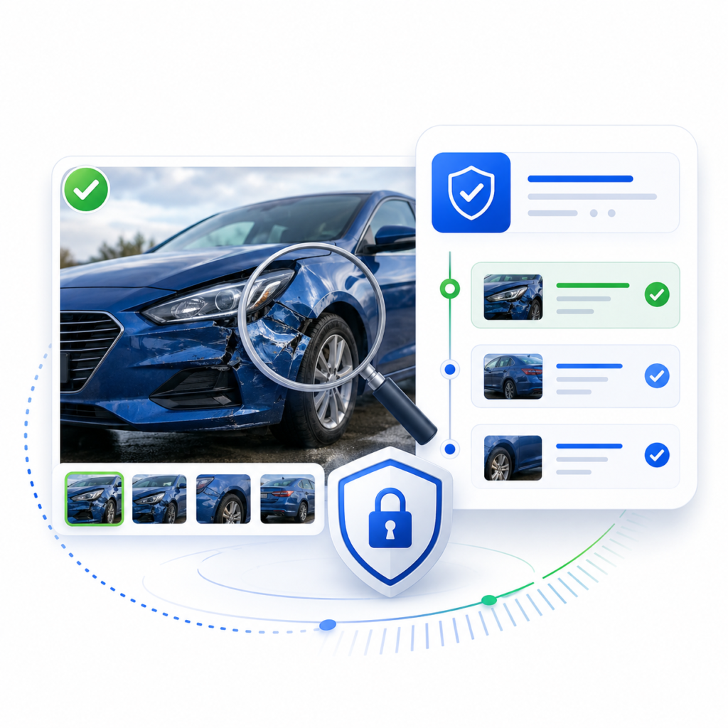 Illustration showing vehicle imagery with magnifying glass, security shield, lock, and verification checklist for fraud exposure review.