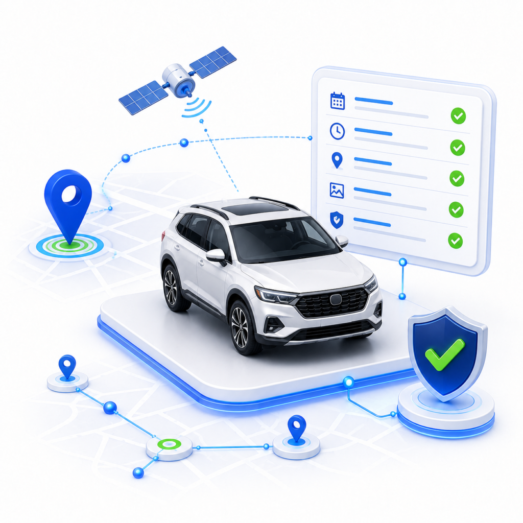 Illustration showing a verified vehicle connected to GPS location pins, satellite signal, capture context checklist, and trust shield.