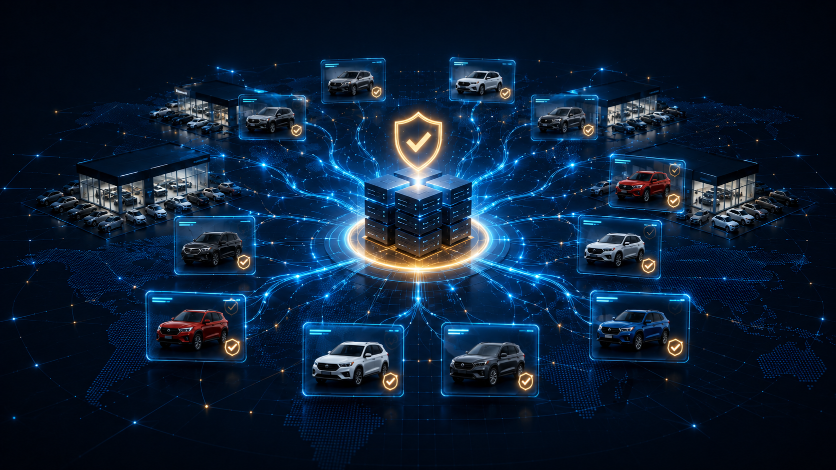 Connected dealership network with verified vehicle photo records, digital trust signals, and a central authentication shield.