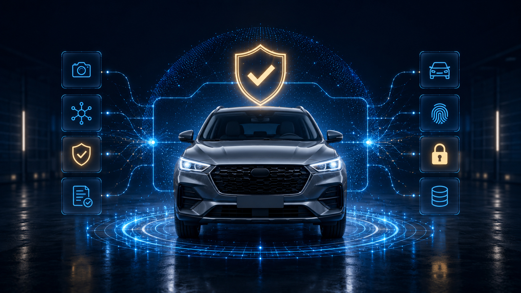 Futuristic SUV with authentication shield, camera, identity, security, and data icons representing verified vehicle imagery for AI and autonomous commerce.