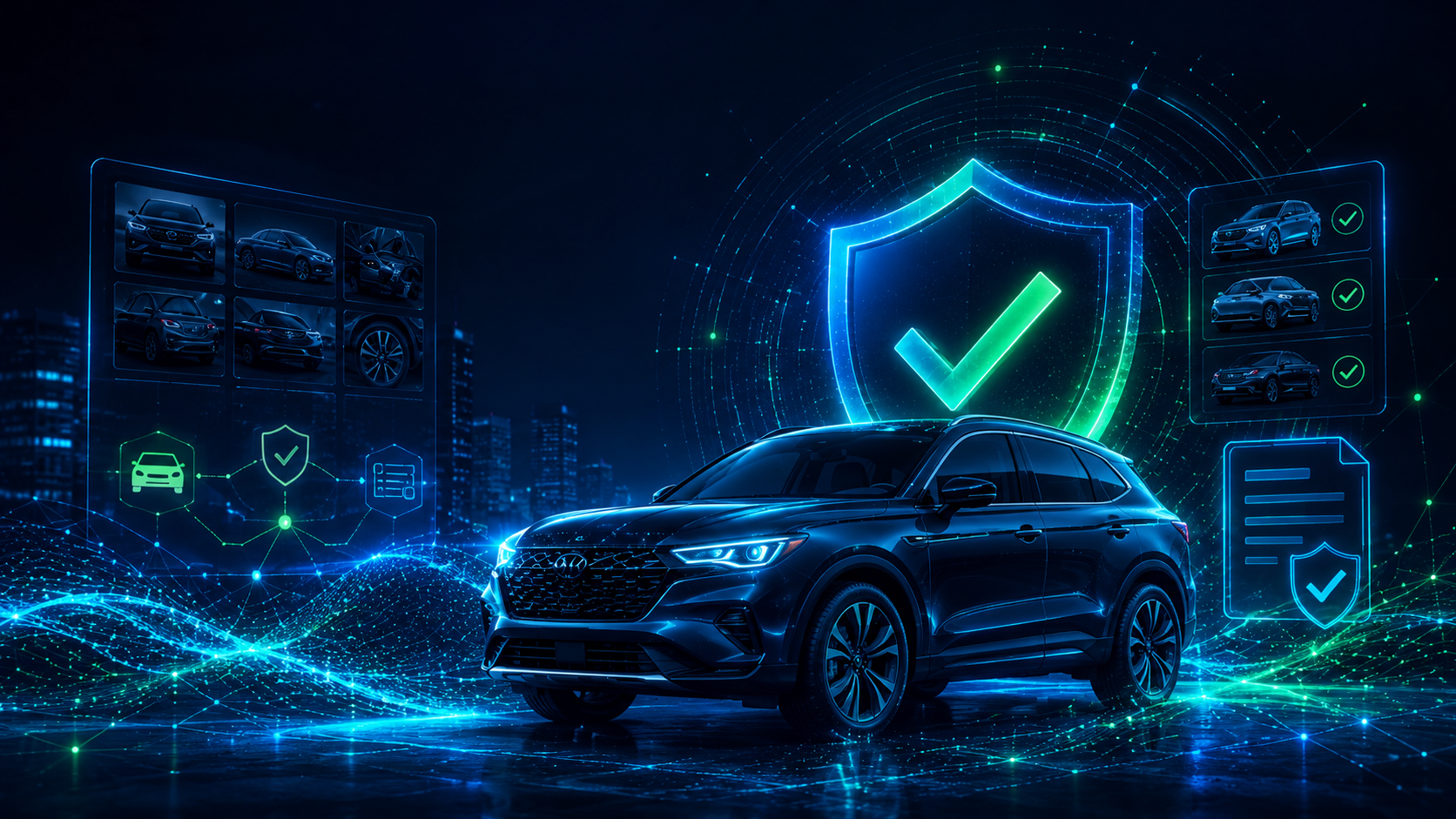 LotLenz How It Works hero showing a verified vehicle, trust shield, camera, search, and connected digital verification network.