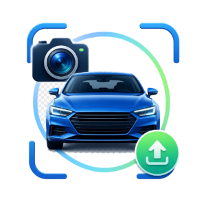 Illustration showing a vehicle framed by a camera capture interface, representing vehicle imagery entering an insurance workflow.