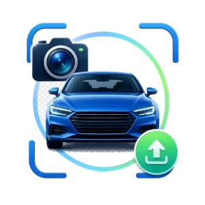 Illustration showing a vehicle framed by a camera capture interface, representing vehicle imagery entering an insurance workflow.
