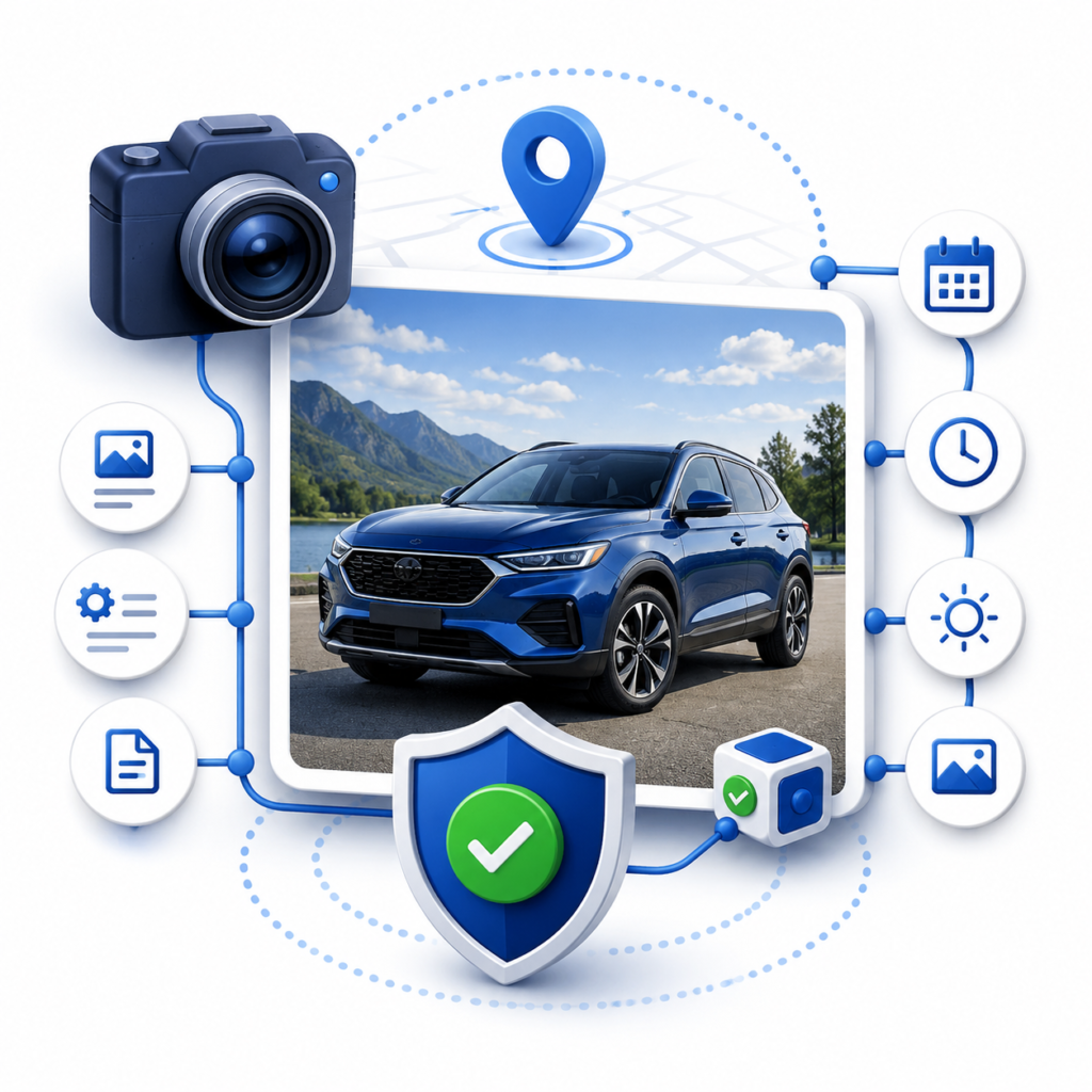 Illustration showing a vehicle image connected to camera, location, time, capture, and verification signals for trusted image provenance.