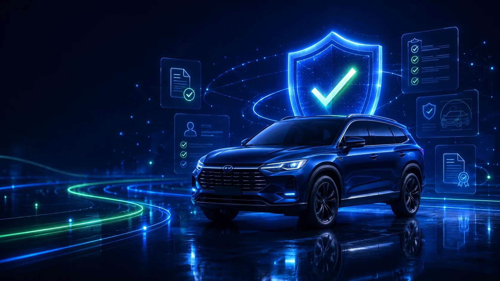 Dark LotLenz insurance workflow background showing a verified vehicle, trust shield, checklist records, and connected vehicle image evidence.