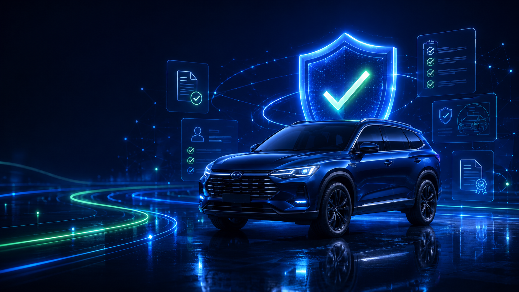 Dark LotLenz insurance workflow background showing a verified vehicle, trust shield, checklist records, and connected vehicle image evidence.