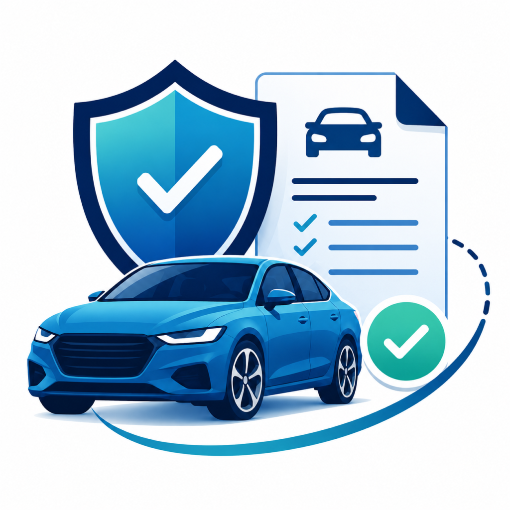 Illustration showing a vehicle, shield, and document record representing verified vehicle imagery for insurance underwriting, claims, and fraud review.