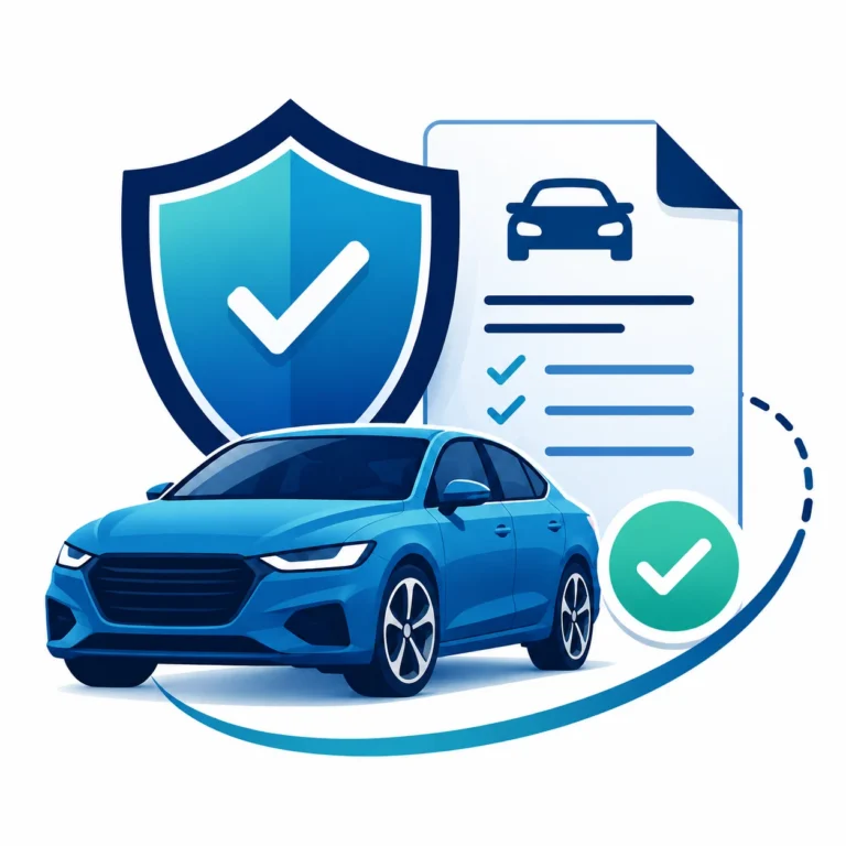 Illustration showing a vehicle, shield, and document record representing verified vehicle imagery for insurance underwriting, claims, and fraud review.