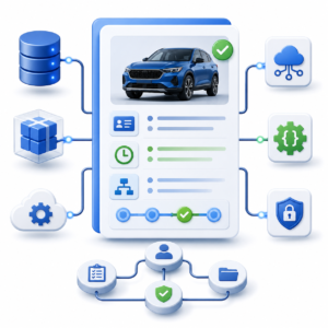 Illustration showing a vehicle verification record connected to databases, cloud systems, security, workflow, and metadata icons.