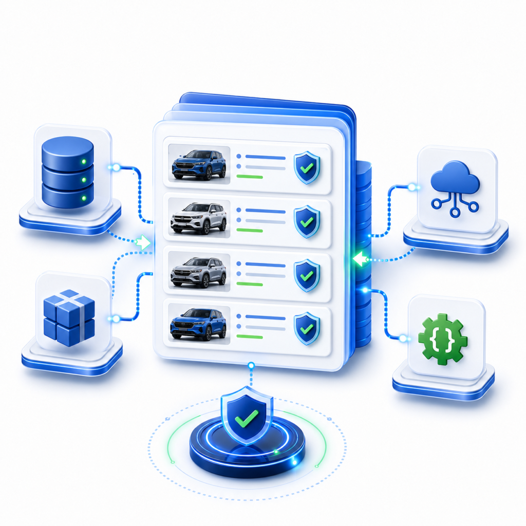 Illustration showing multiple verified vehicle records connected to database, cloud, API, and workflow systems for inventory platforms.