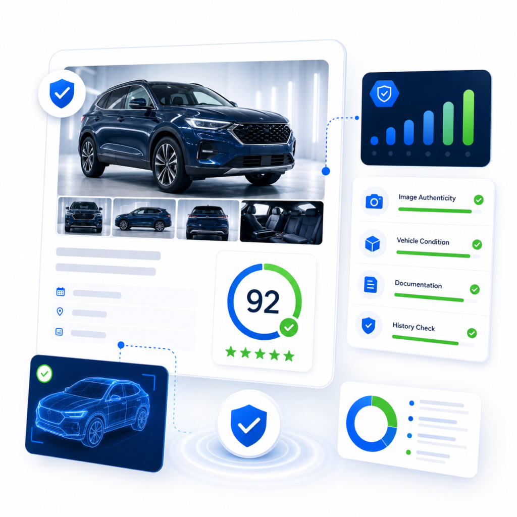 Illustration showing a vehicle listing with verification score, image authenticity checklist, analytics, and quality signals.