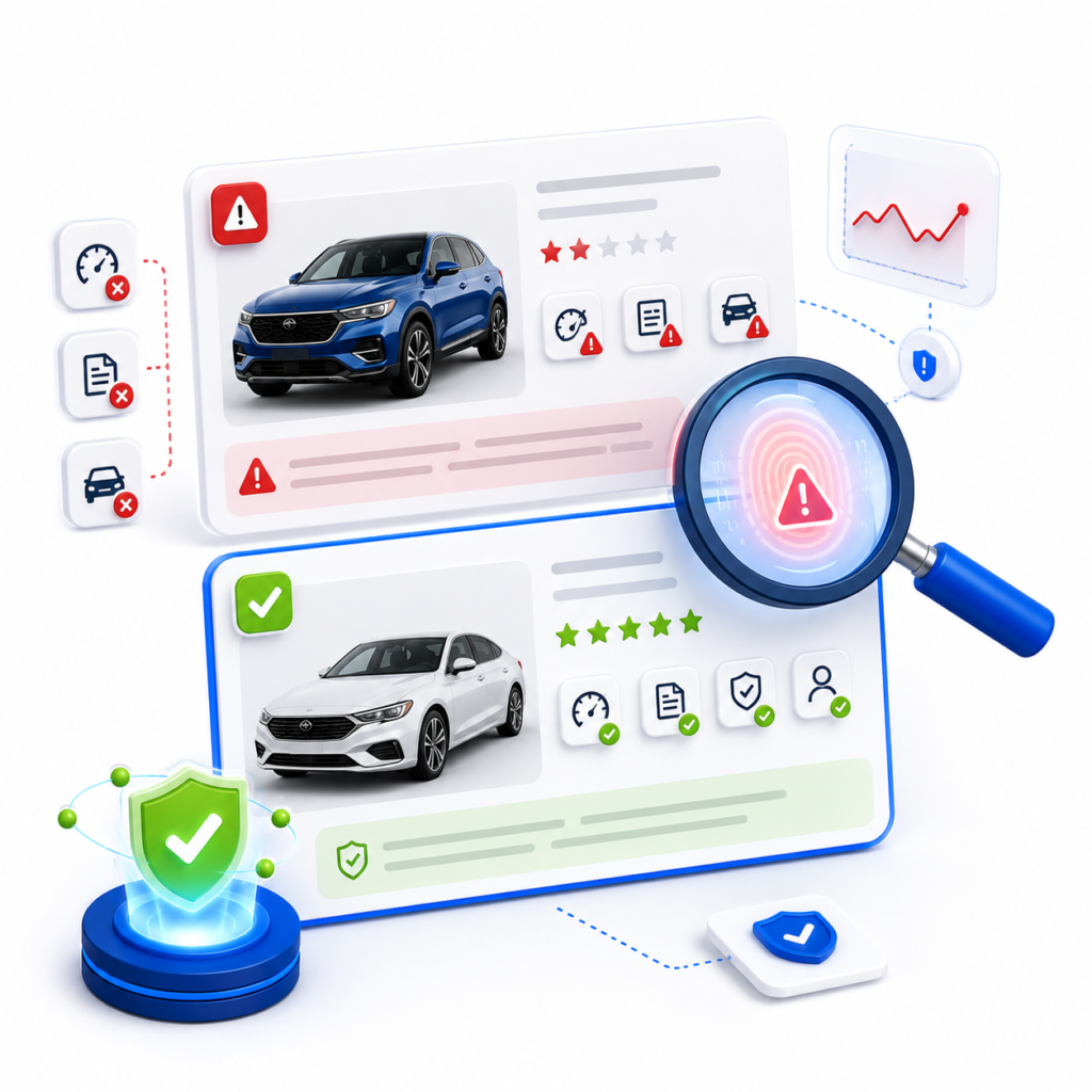 Illustration showing verified and flagged vehicle listings with a magnifying glass and trust signals for large-scale marketplace listing quality.
