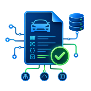 Illustration showing a vehicle record connected to data systems and verification checkmarks, representing a machine-readable verification record.