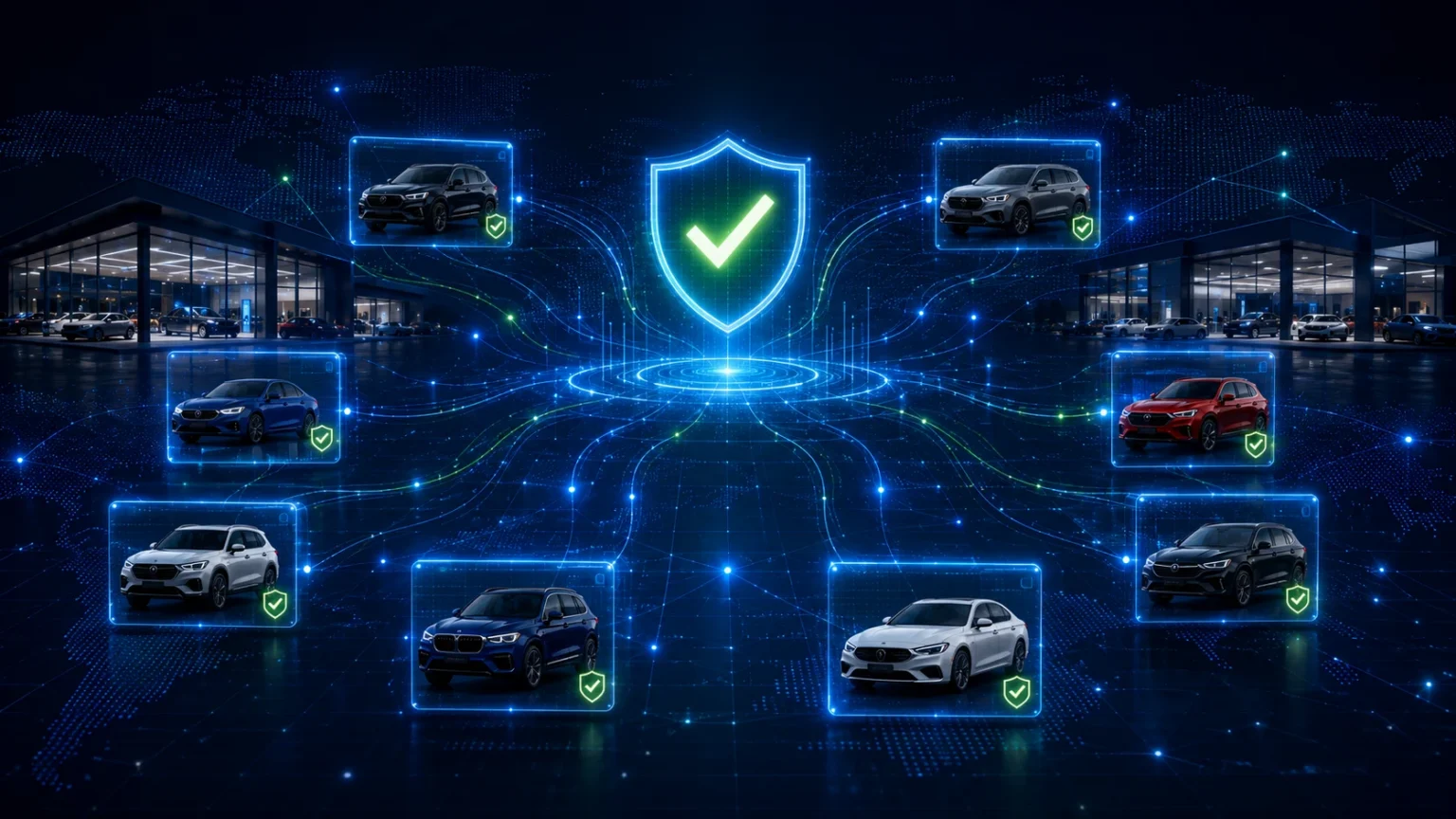 Dark digital vehicle verification background with connected dealership imagery and trusted vehicle records supporting pilot and platform integration discussions.
