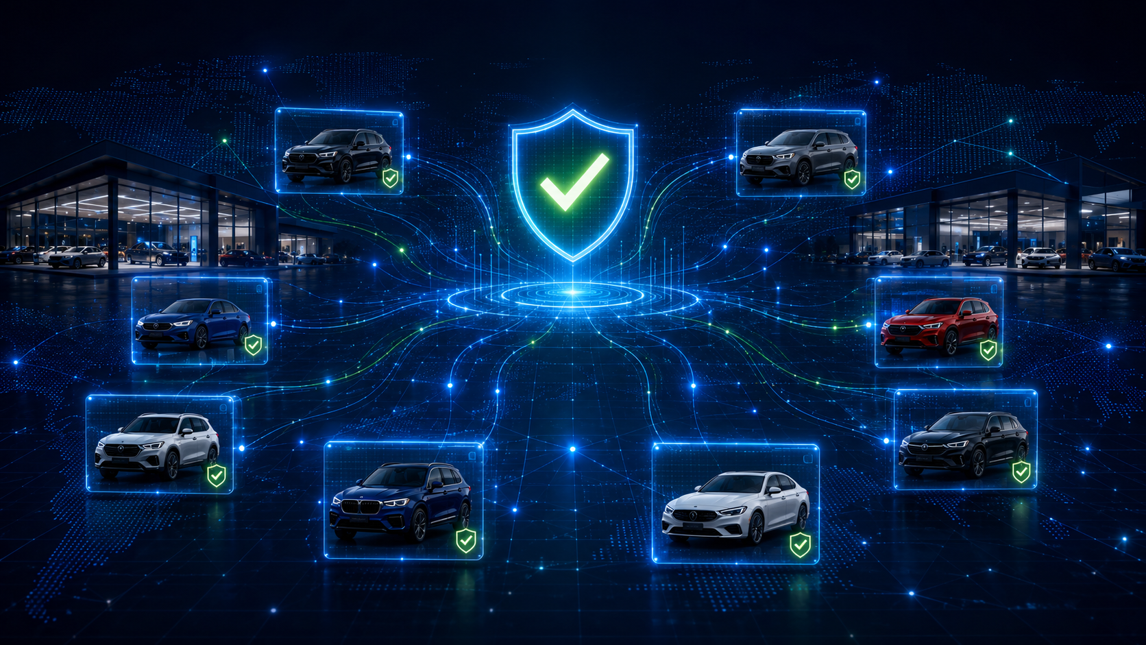 Dark digital vehicle verification background with connected dealership imagery and trusted vehicle records supporting pilot and platform integration discussions.